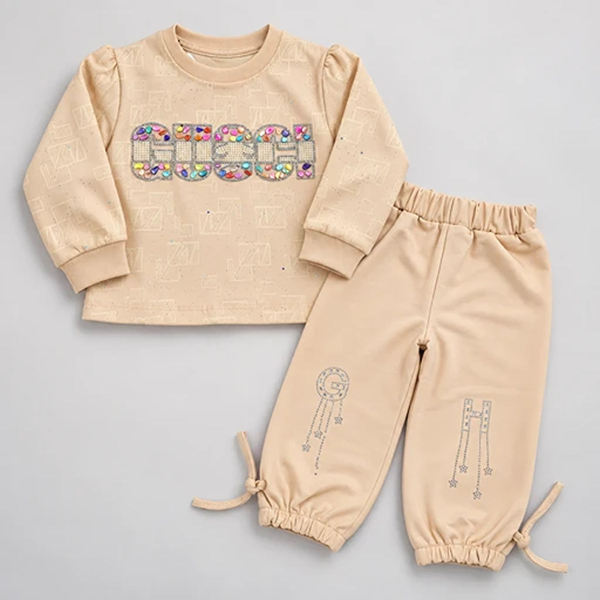 Girls’ Beige Jewelled Graphic Sweatshirt & Jogger Set