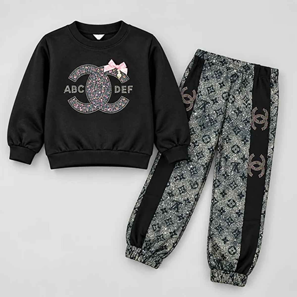 Girls’ Black Rhinestone Bow Sweatshirt & Monogram Jogger Set