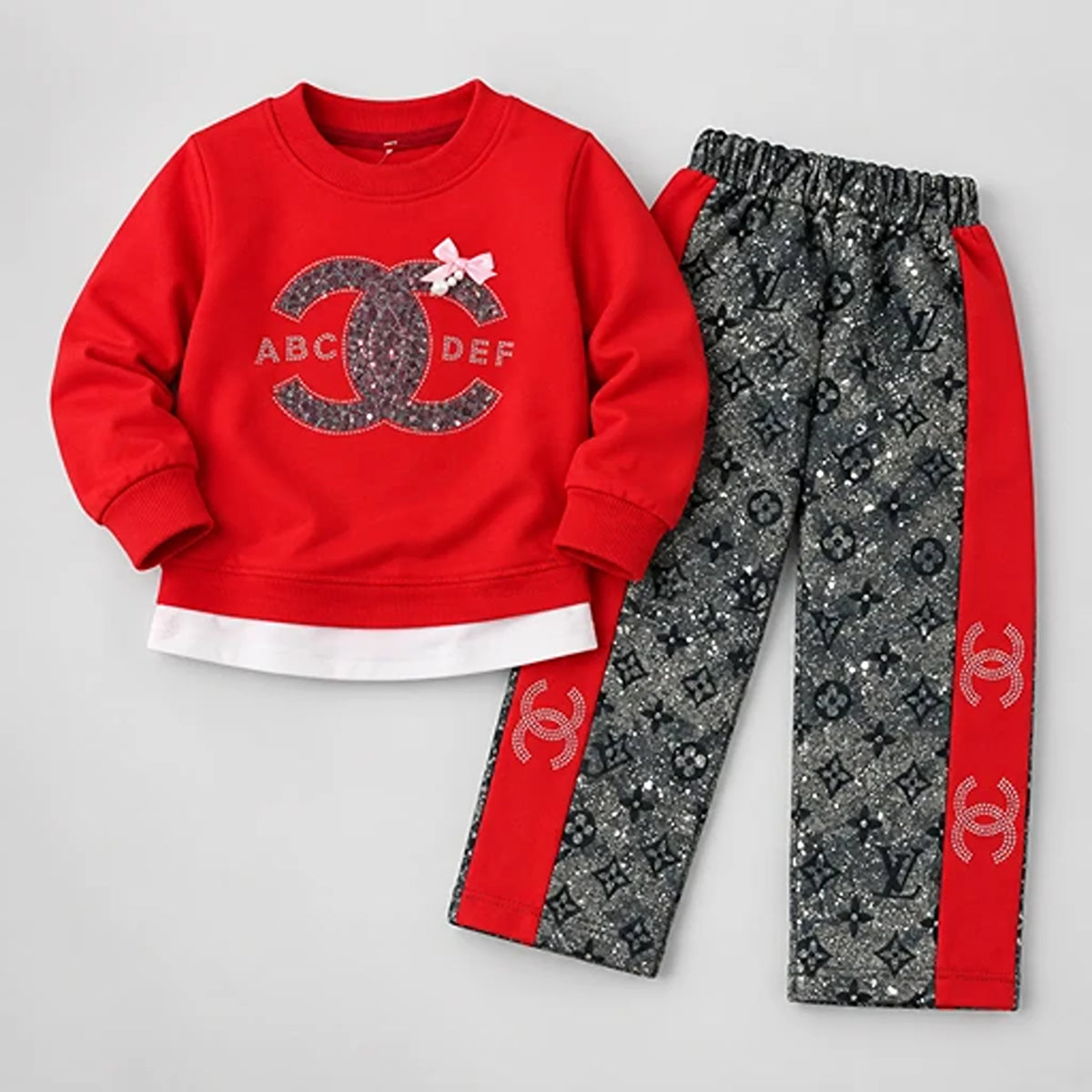 Girls’ Red Rhinestone Bow Sweatshirt & Printed Trouser Set