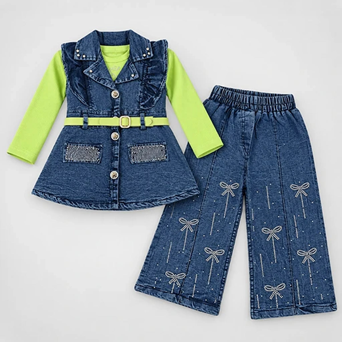 Girls’ Lime Green Top & Embellished Denim 3-Piece Set