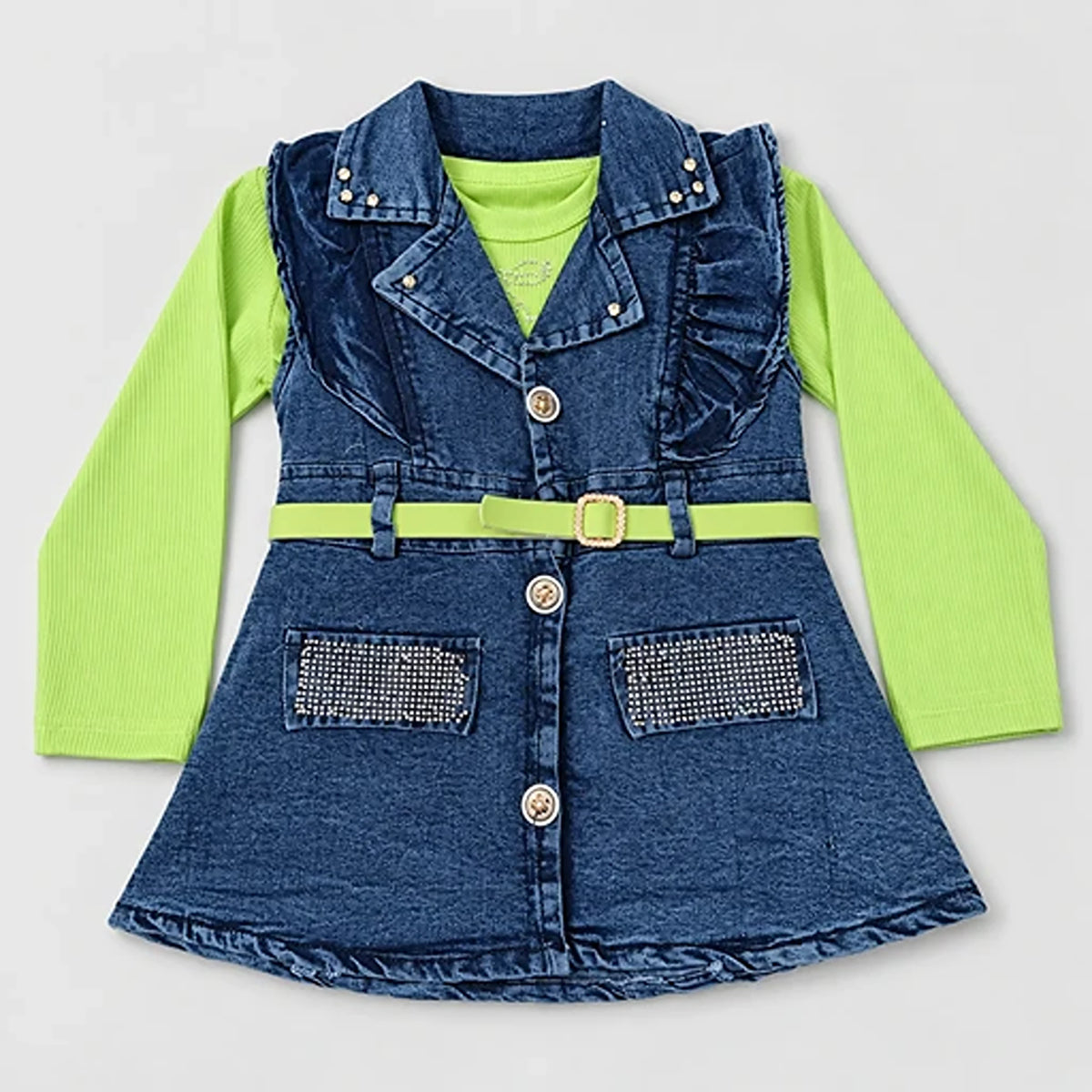Girls’ Lime Green Top & Embellished Denim 3-Piece Set