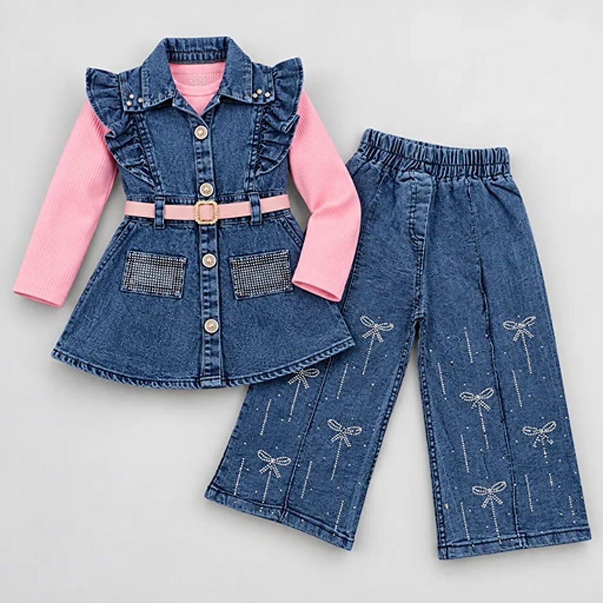 Girls’ Pink Top & Embellished Denim 3-Piece Set