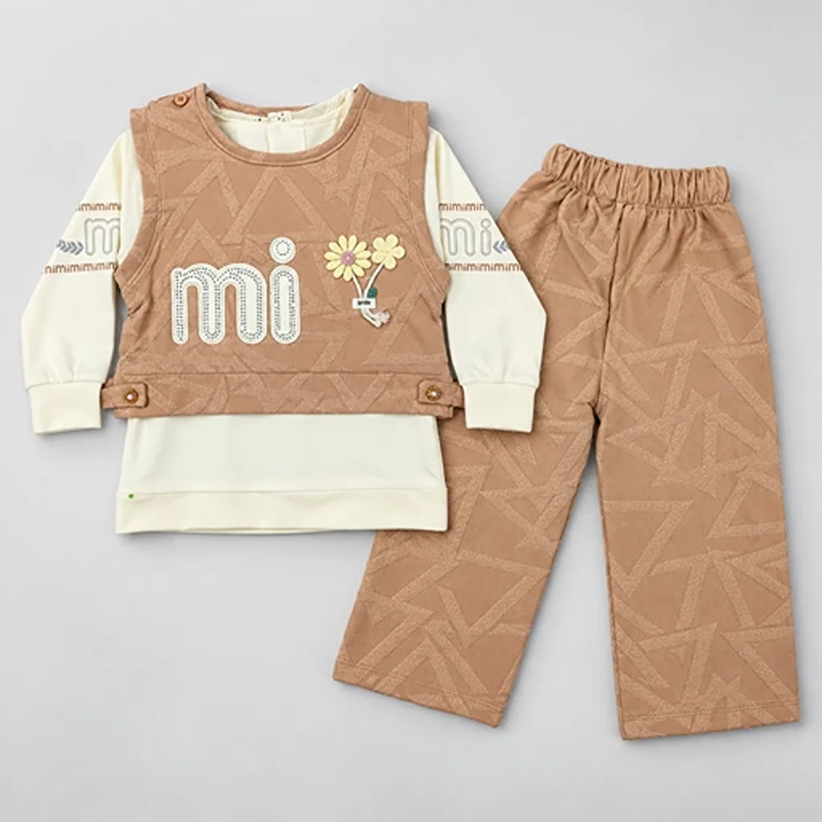 Girls’ Tan & Cream Layered Top and Trouser Set