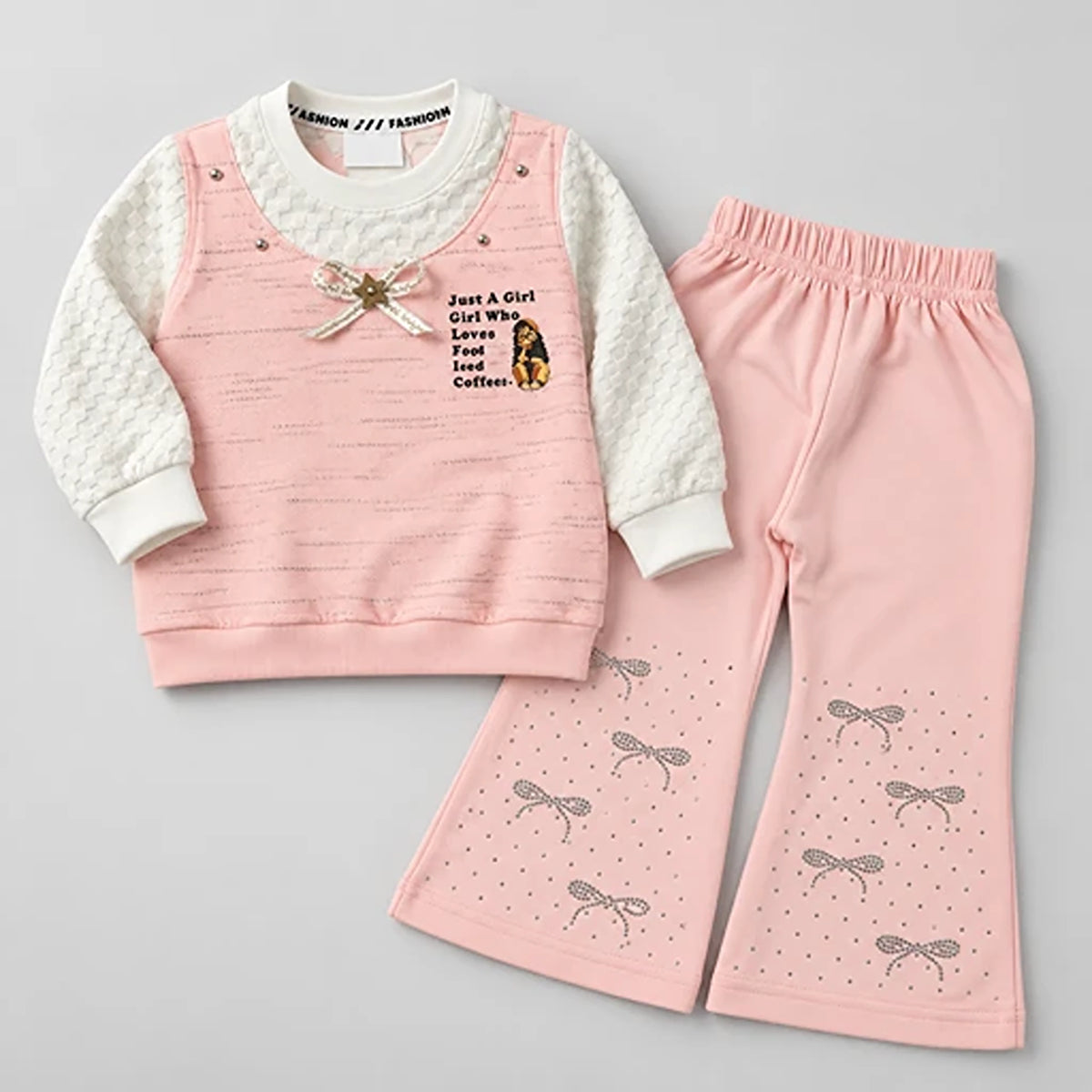 Girls’ Pink Layered Sweatshirt & Rhinestone Bow Trouser Set