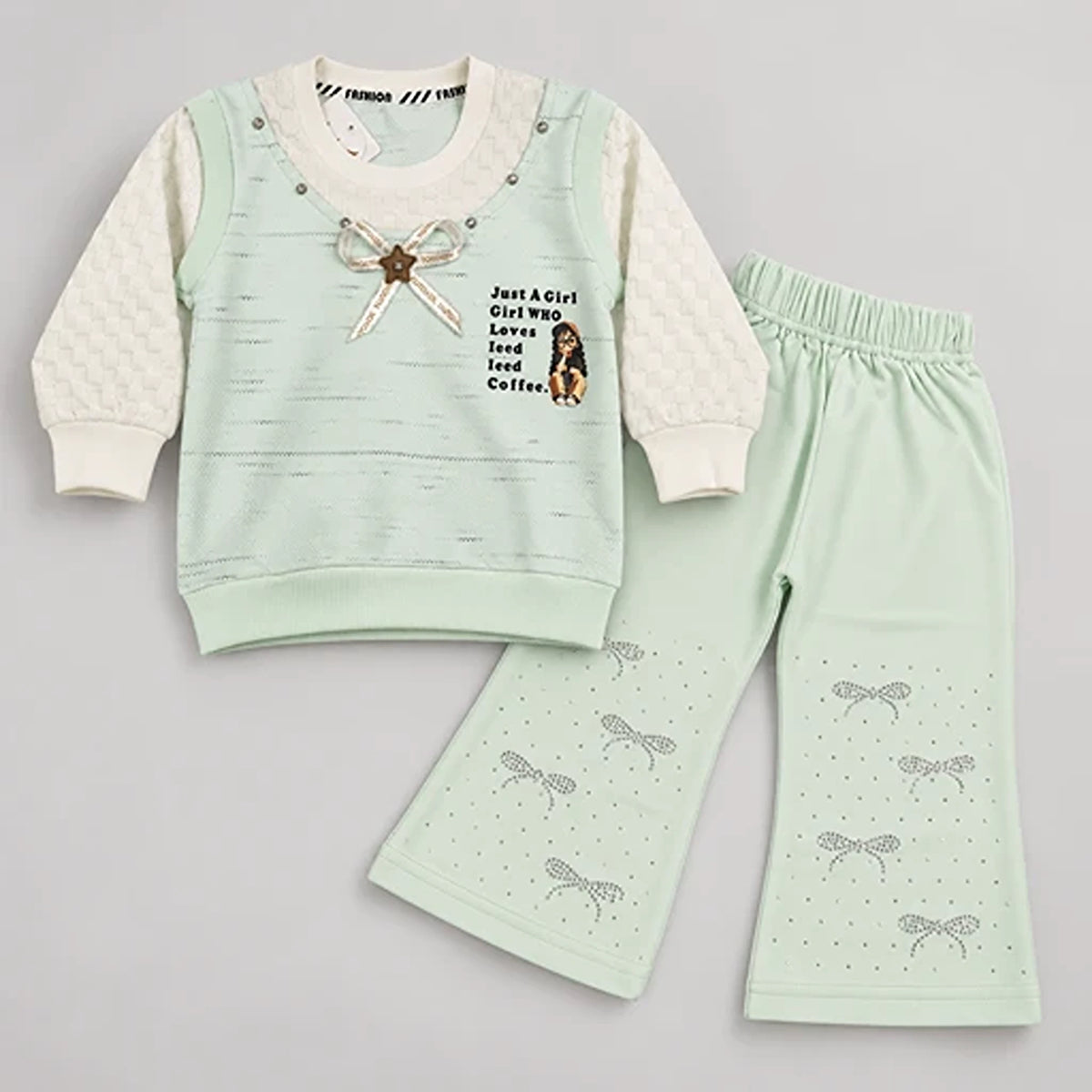 Girls’ Mint Layered Sweatshirt & Rhinestone Bow Trouser Set