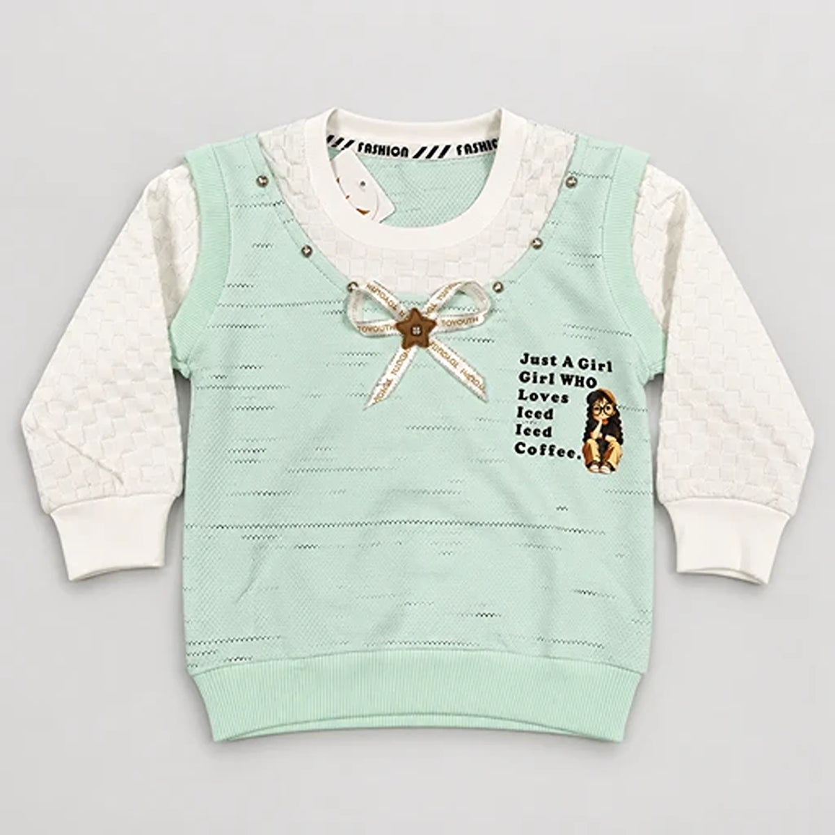 Girls’ Mint Layered Sweatshirt & Rhinestone Bow Trouser Set