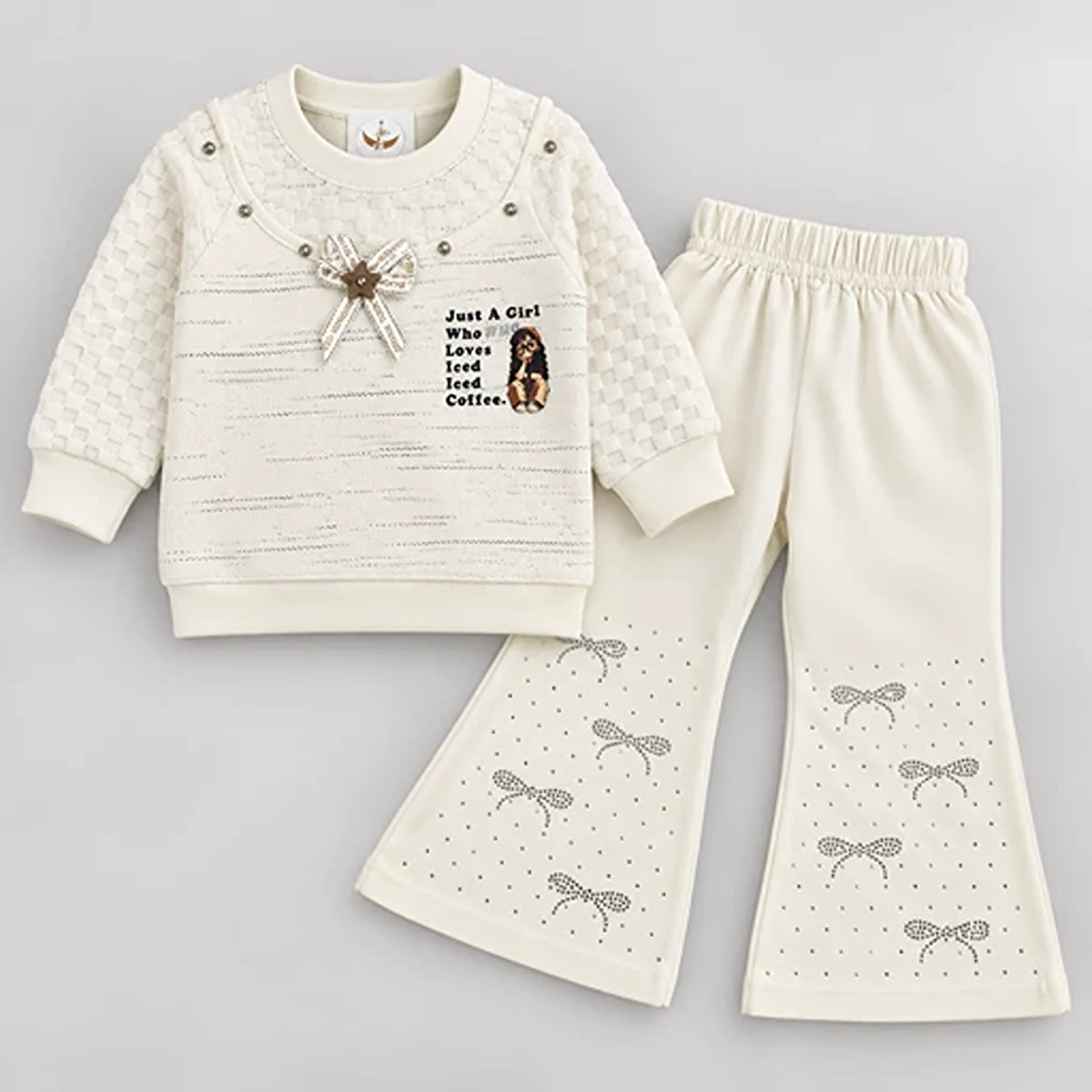 Girls’ Cream Layered Sweatshirt & Rhinestone Bow Trouser Set