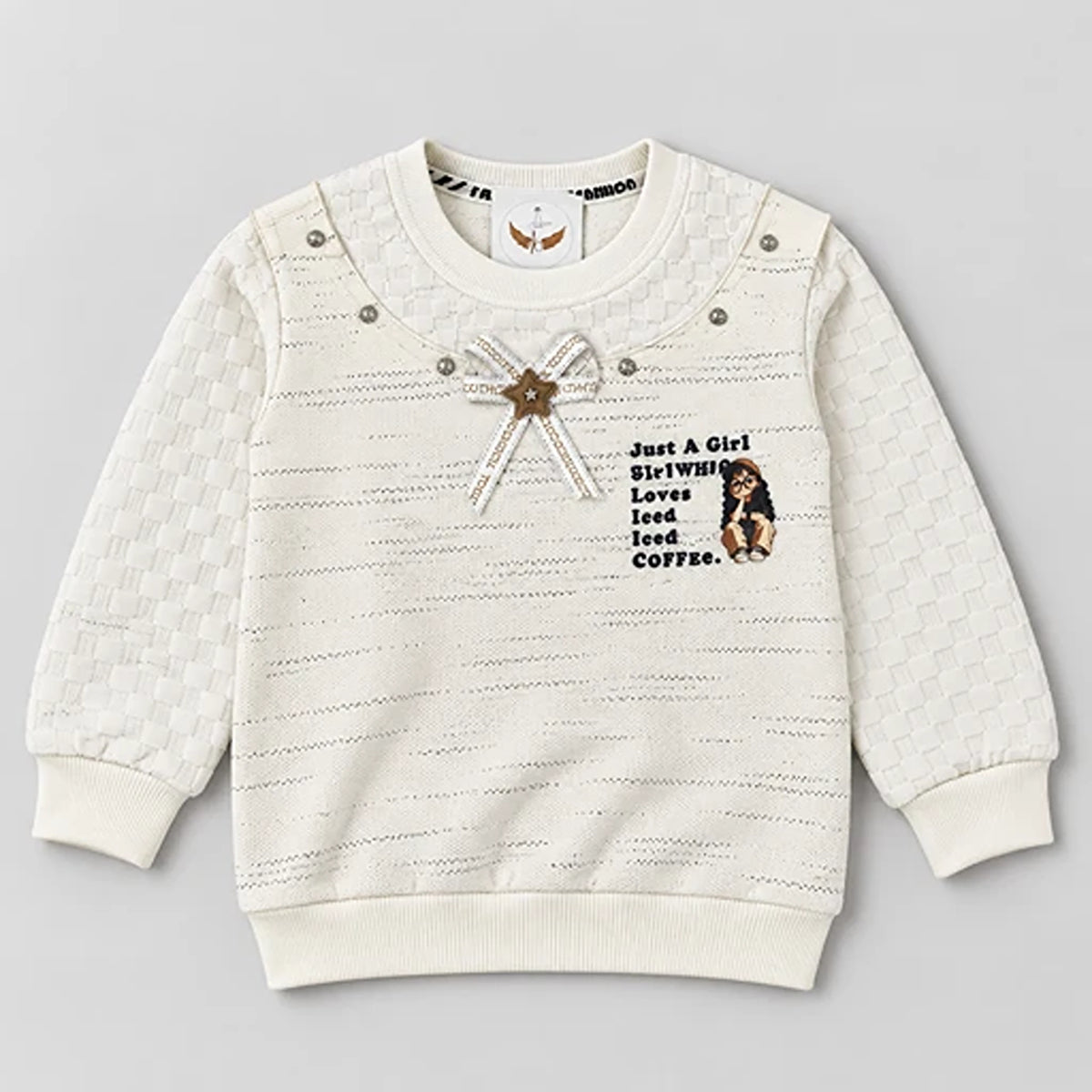 Girls’ Cream Layered Sweatshirt & Rhinestone Bow Trouser Set