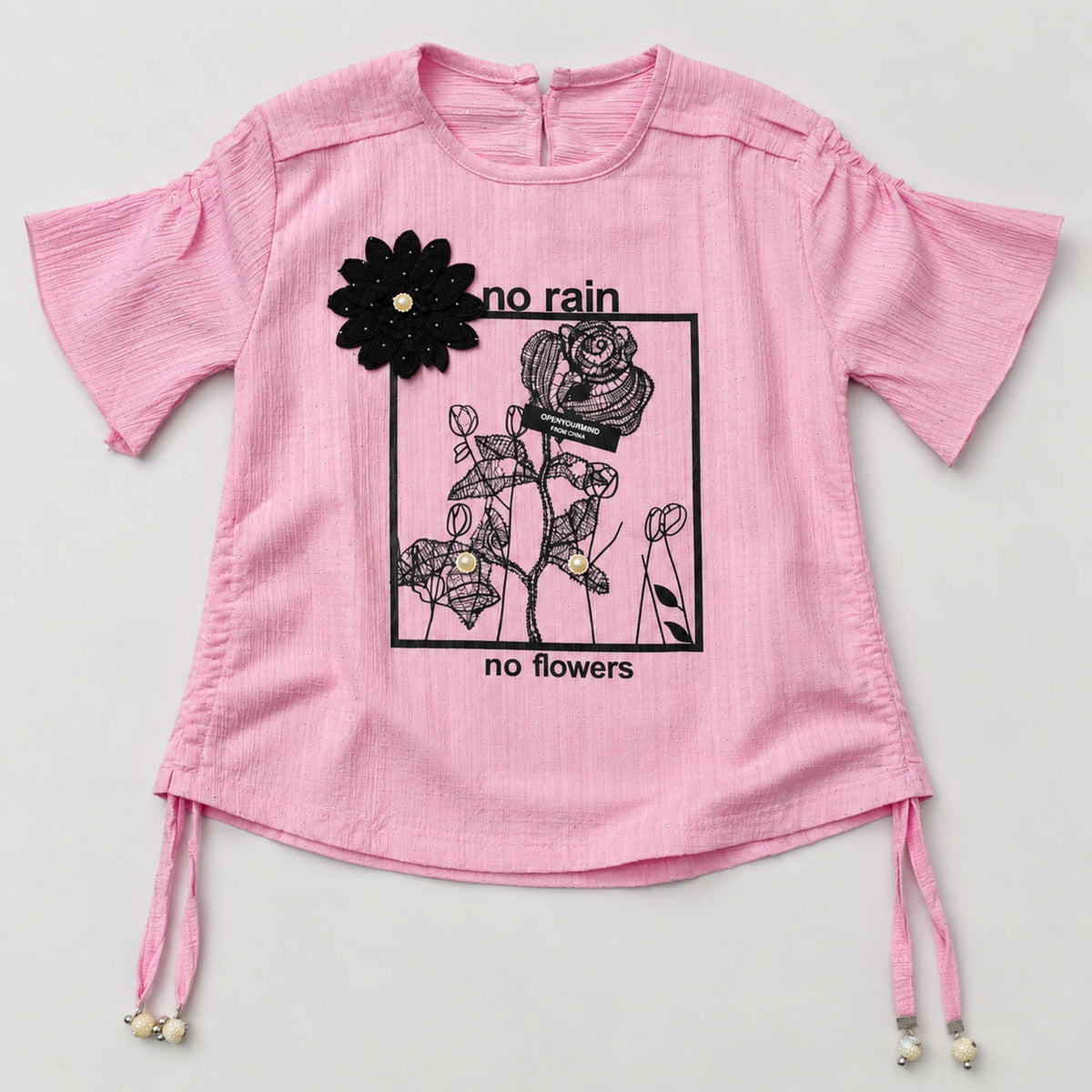 Girls’ Pink Floral Ruffle-Sleeve Top & Wide-Leg Trouser Set
