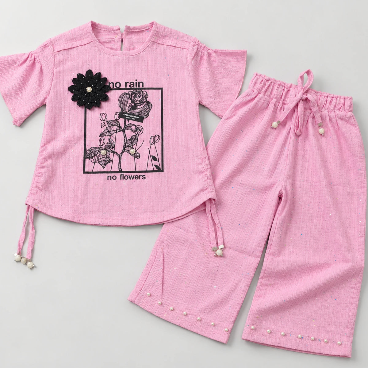 Girls’ Pink Floral Ruffle-Sleeve Top & Wide-Leg Trouser Set