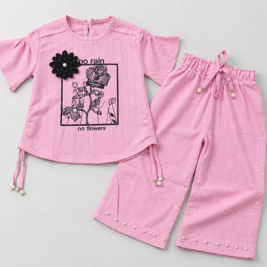 Girls’ Pink Floral Ruffle-Sleeve Top & Wide-Leg Trouser Set