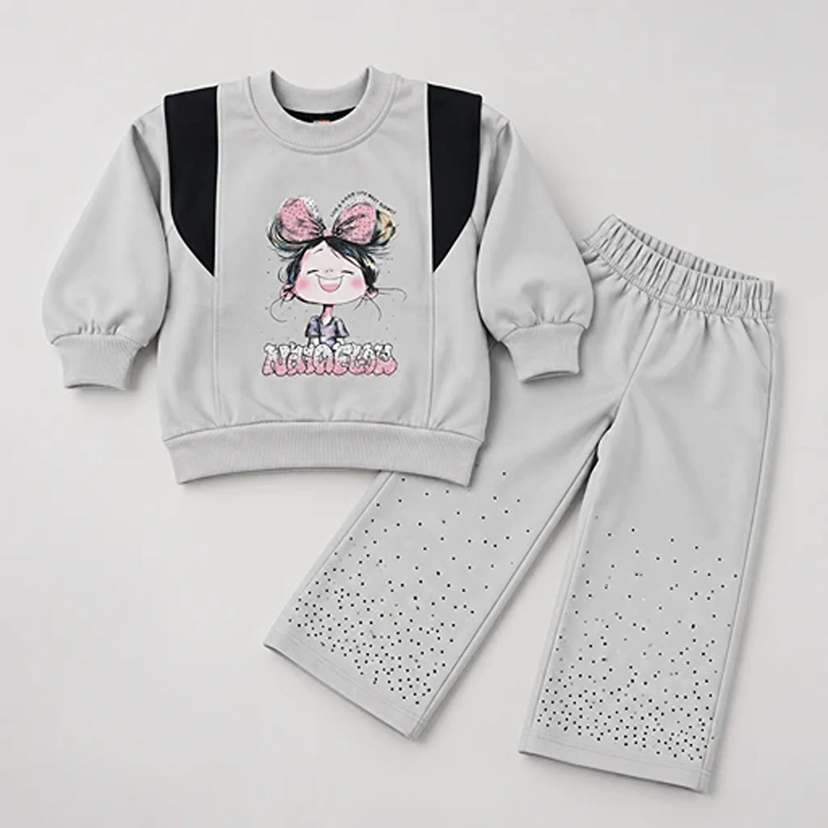 Girls’ Grey Marvelous Sweatshirt & Rhinestone Wide-Leg Trouser Set