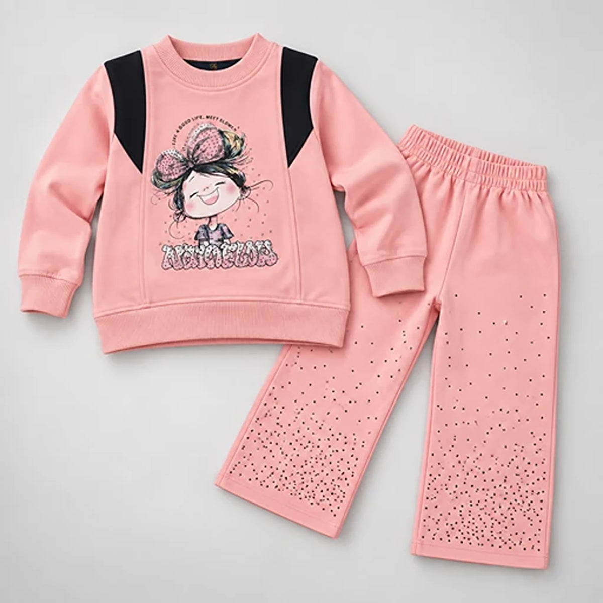 Girls’ Pink Marvelous Sweatshirt & Rhinestone Wide-Leg Trouser Set