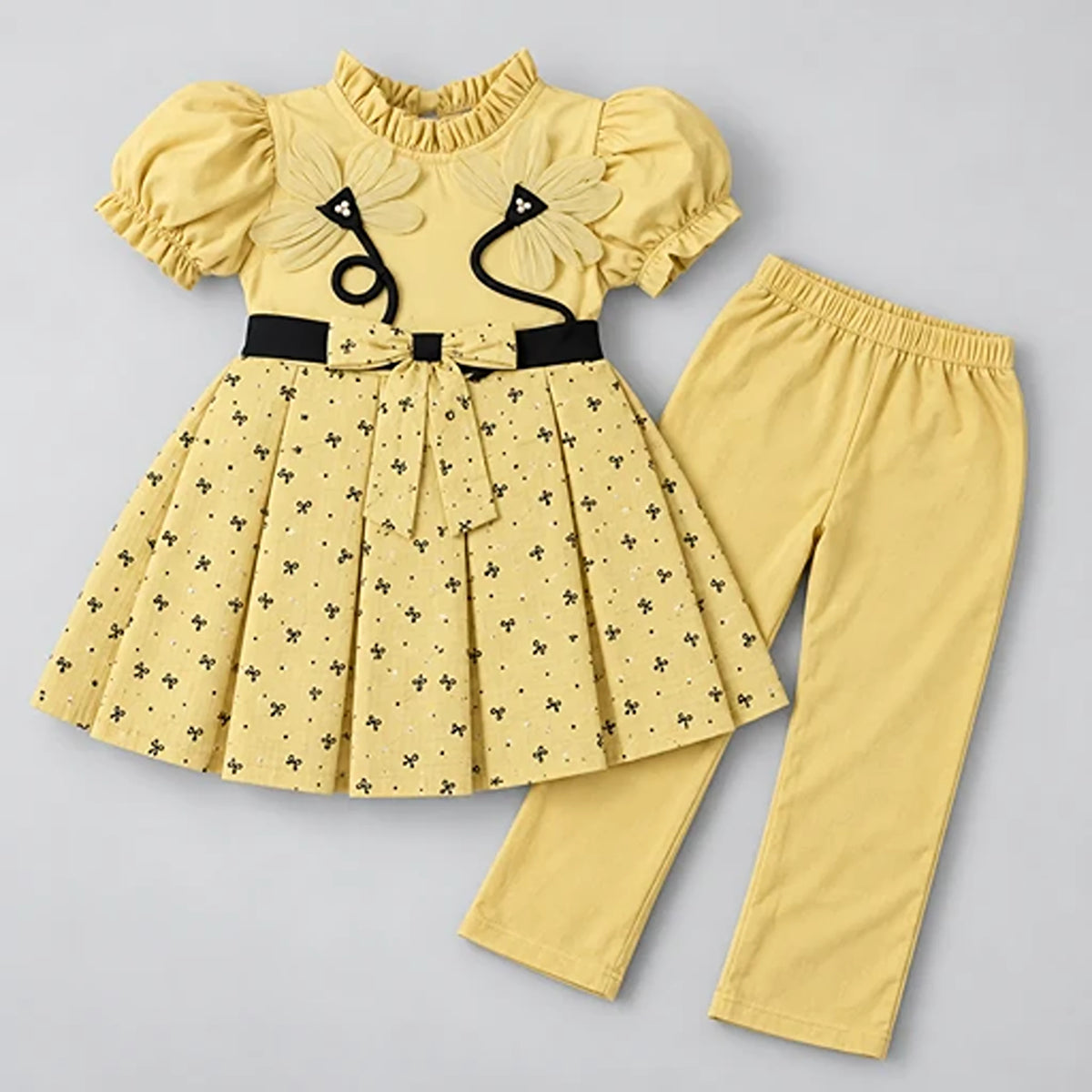 Girls’ Yellow Floral Ruffle Dress & Trouser Set