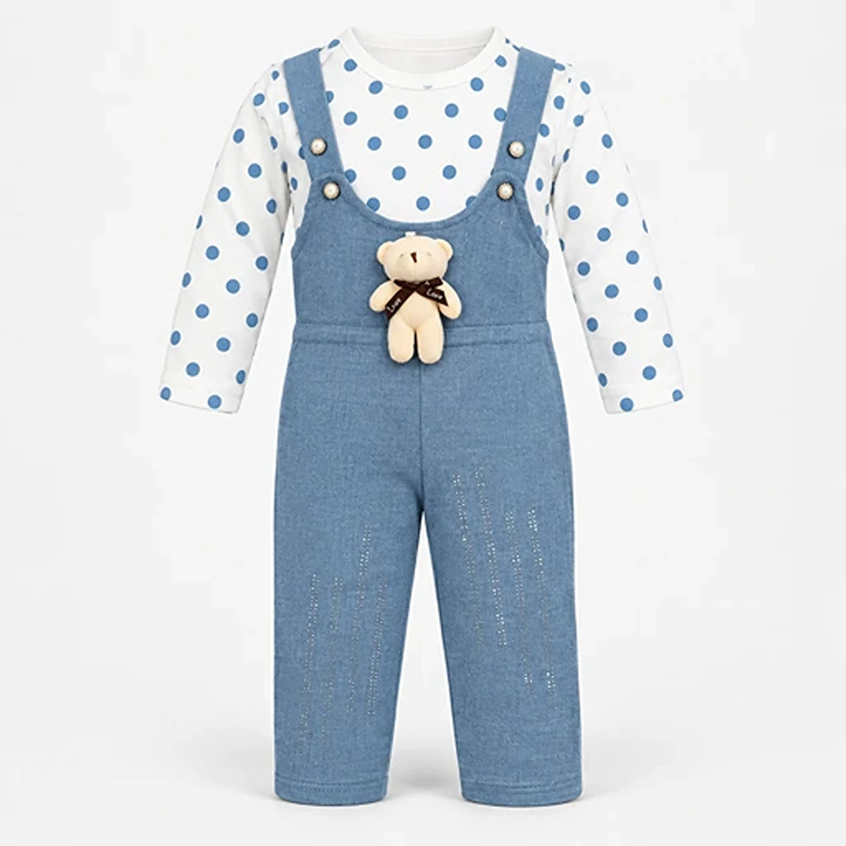 Girls’ Blue Polka Dot Shirt & Teddy Dungaree Set