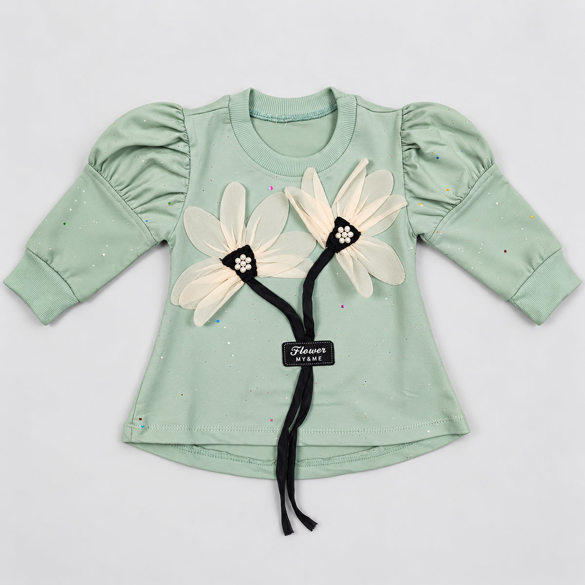 Girls’ Mint 3D Floral Top & Black Pleated Trouser Set