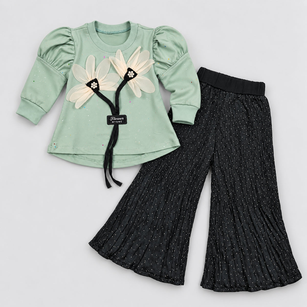 Girls’ Mint 3D Floral Top & Black Pleated Trouser Set