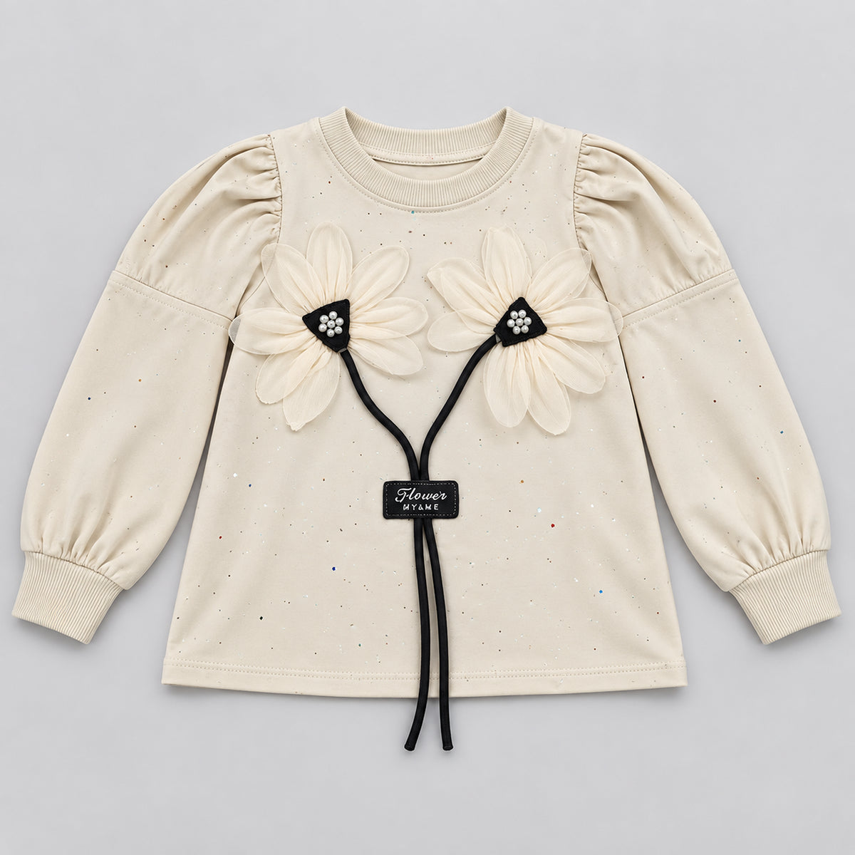 Girls’ Cream 3D Floral Top & Black Pleated Trouser Set