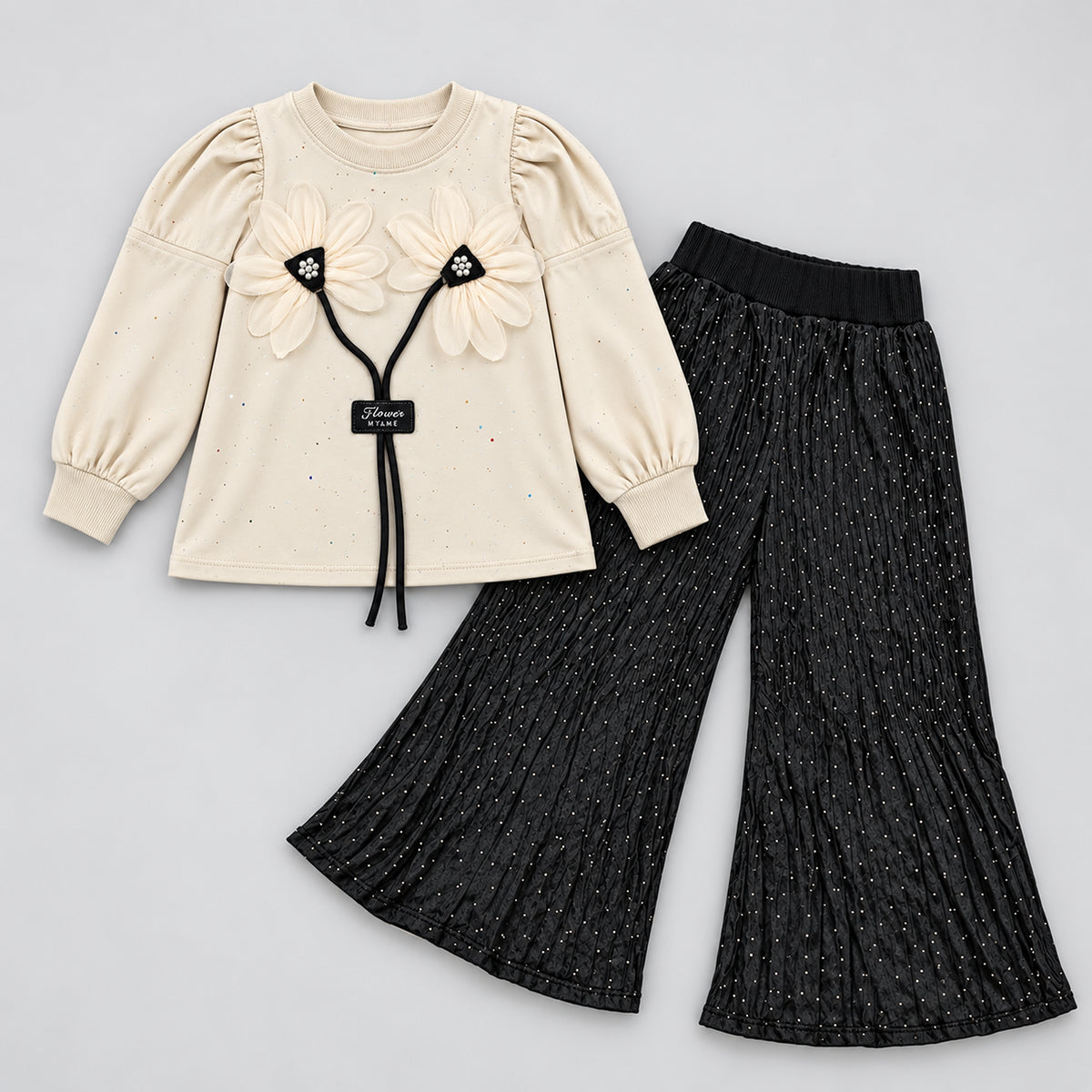 Girls’ Cream 3D Floral Top & Black Pleated Trouser Set