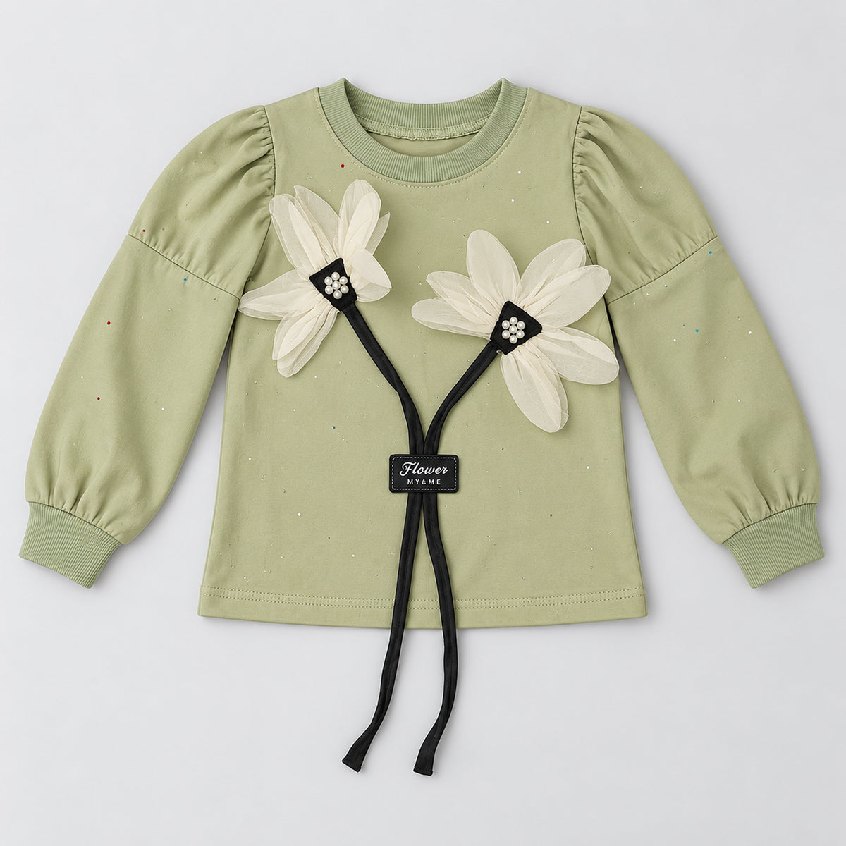 Girls’ Sage Green 3D Floral Top & Black Pleated Trouser Set