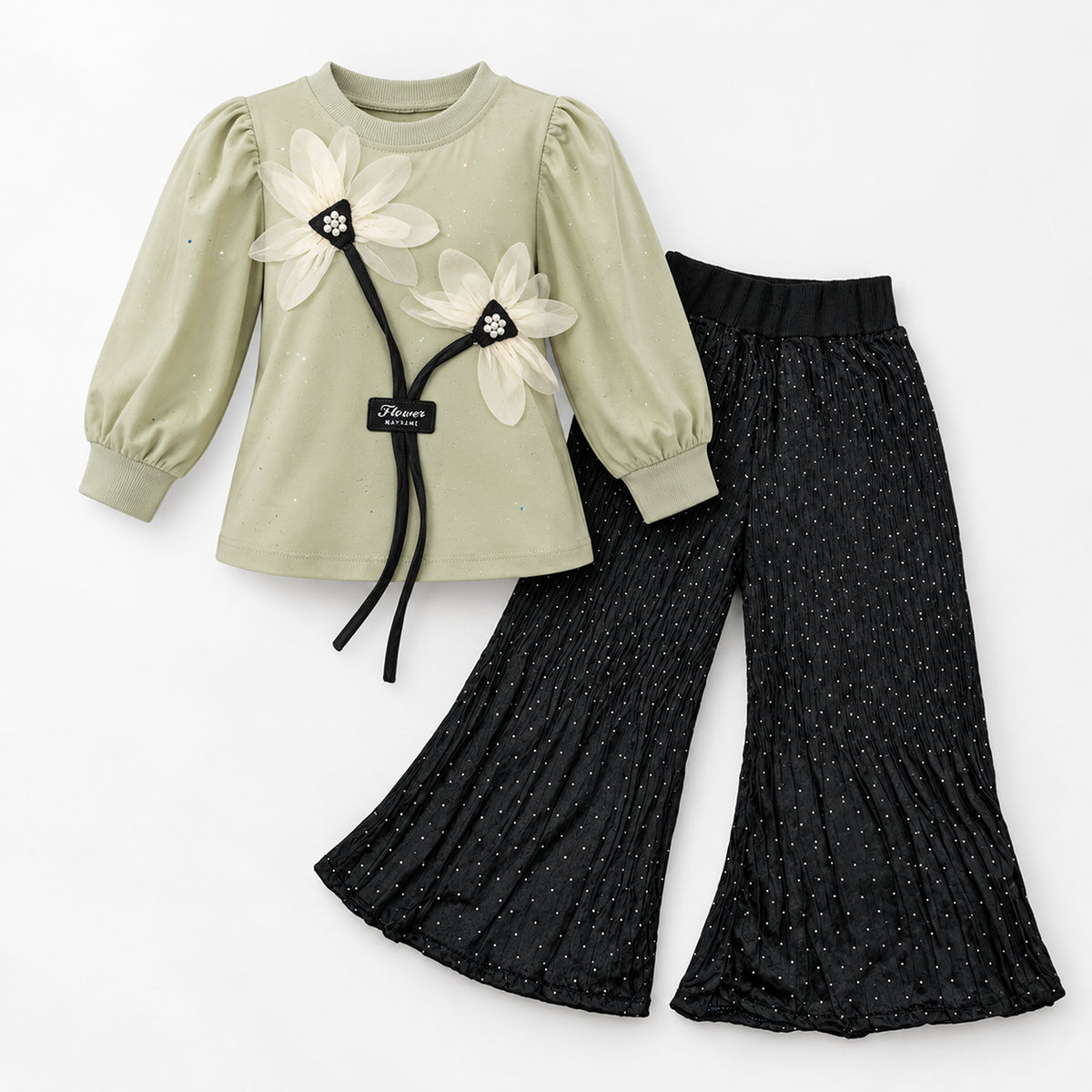 Girls’ Sage Green 3D Floral Top & Black Pleated Trouser Set