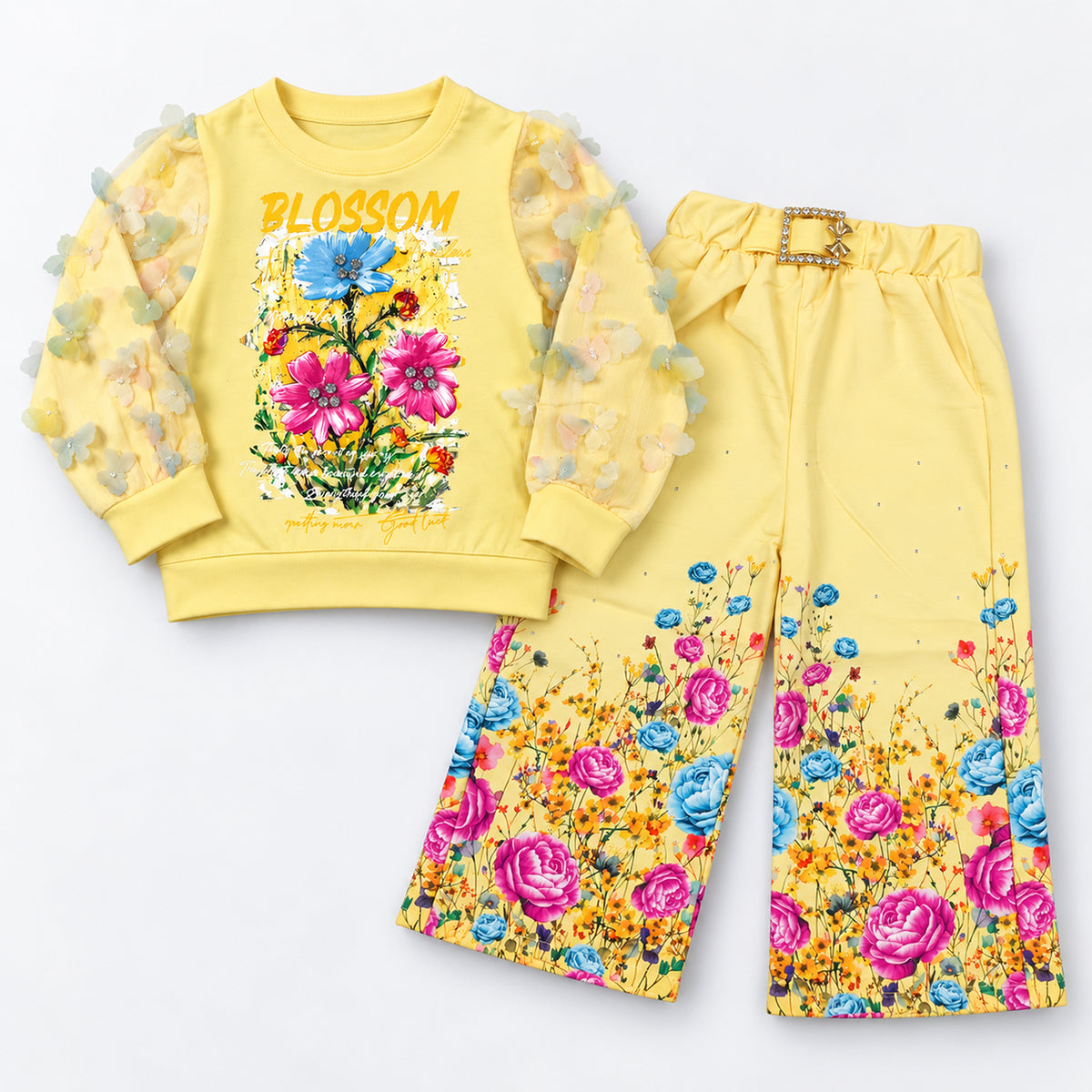 Girls’ Yellow Blossom Top & Floral Wide-Leg Trouser Set