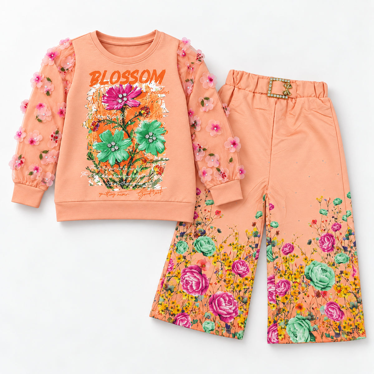 Girls’ Peach Blossom Top & Floral Wide-Leg Trouser Set