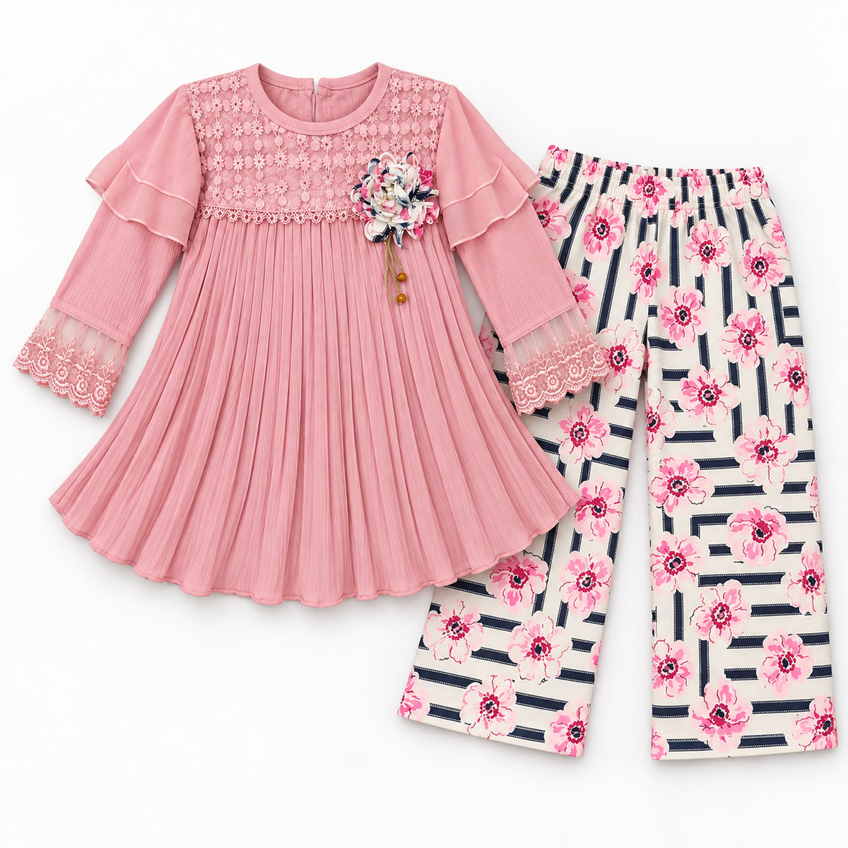 Girls’ Dusty Pink Lace Tunic & Floral Trouser Set