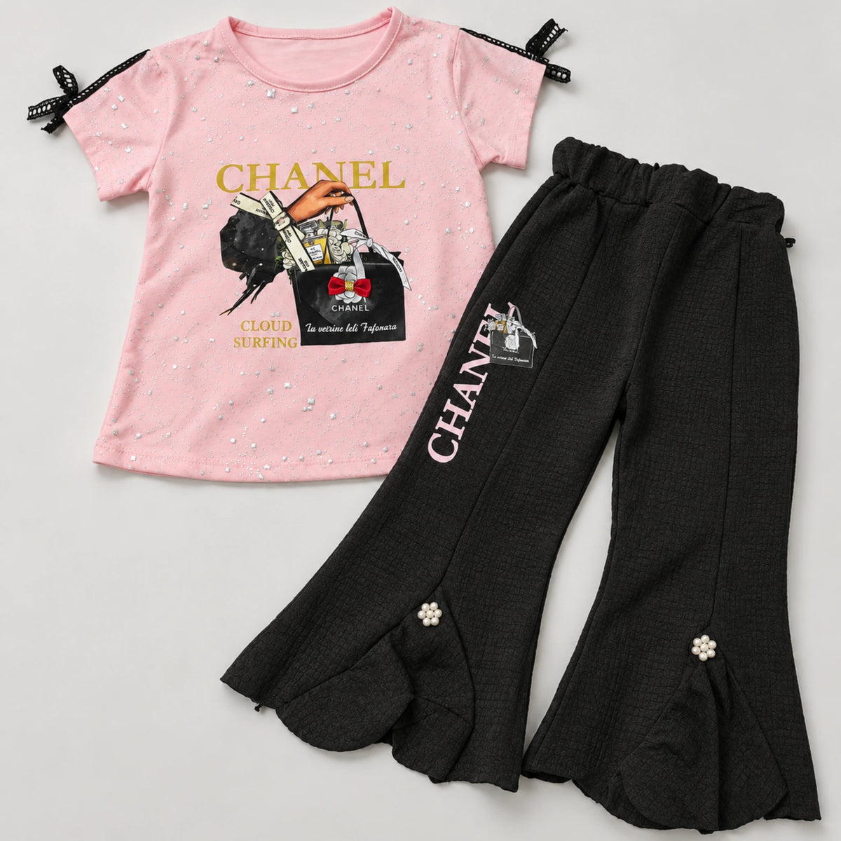 Girls’ Pink Graphic Top & Black Flared Trouser Set