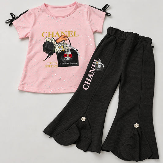 Girls’ Pink Graphic Top & Black Flared Trouser Set