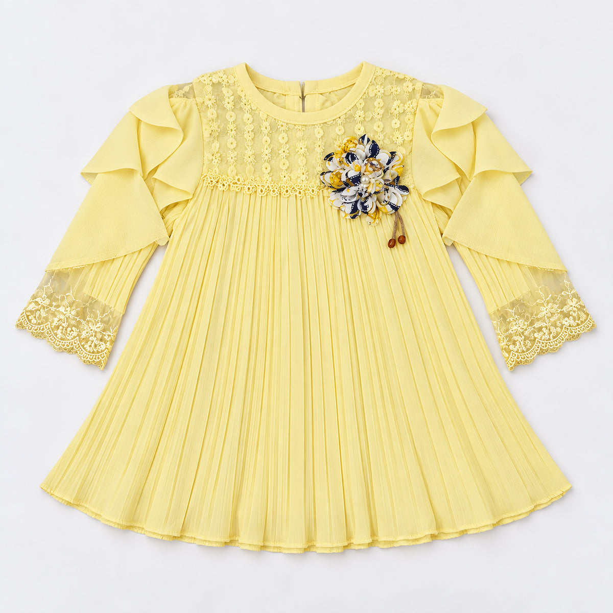 Girls’ Yellow Lace Pleated Tunic & Floral Trouser Set