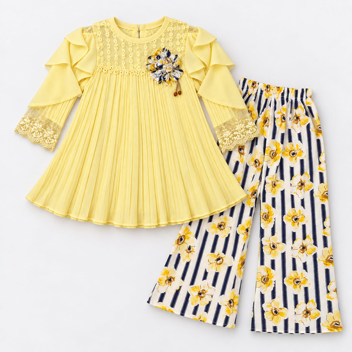 Girls’ Yellow Lace Pleated Tunic & Floral Trouser Set