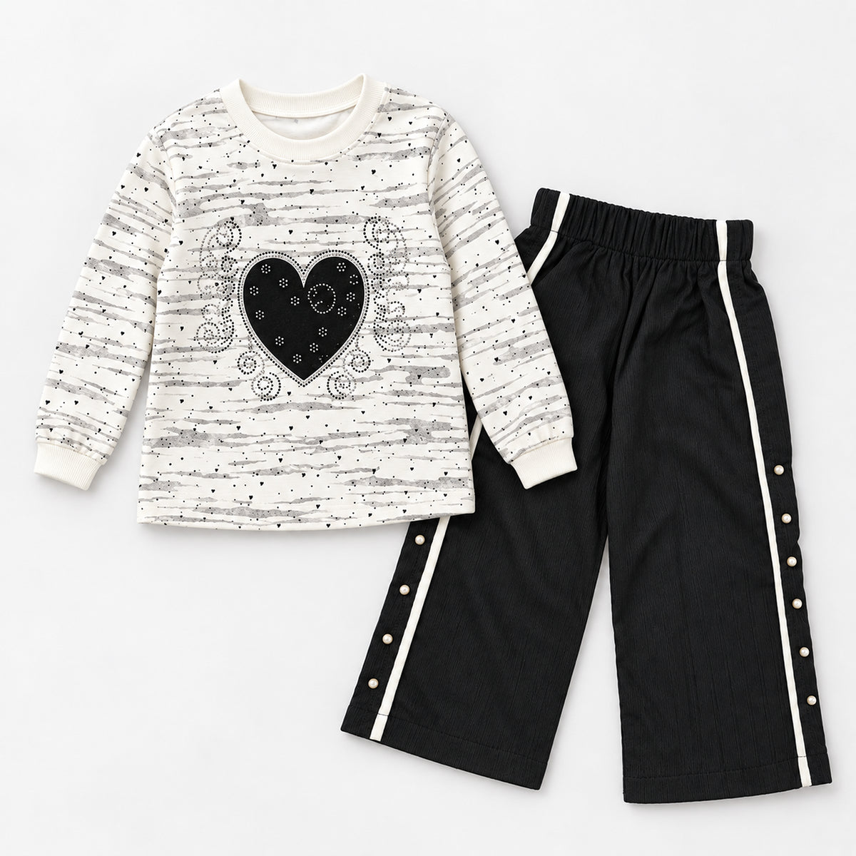 Girls’ White Heart Top & Black Wide-Leg Trouser Set