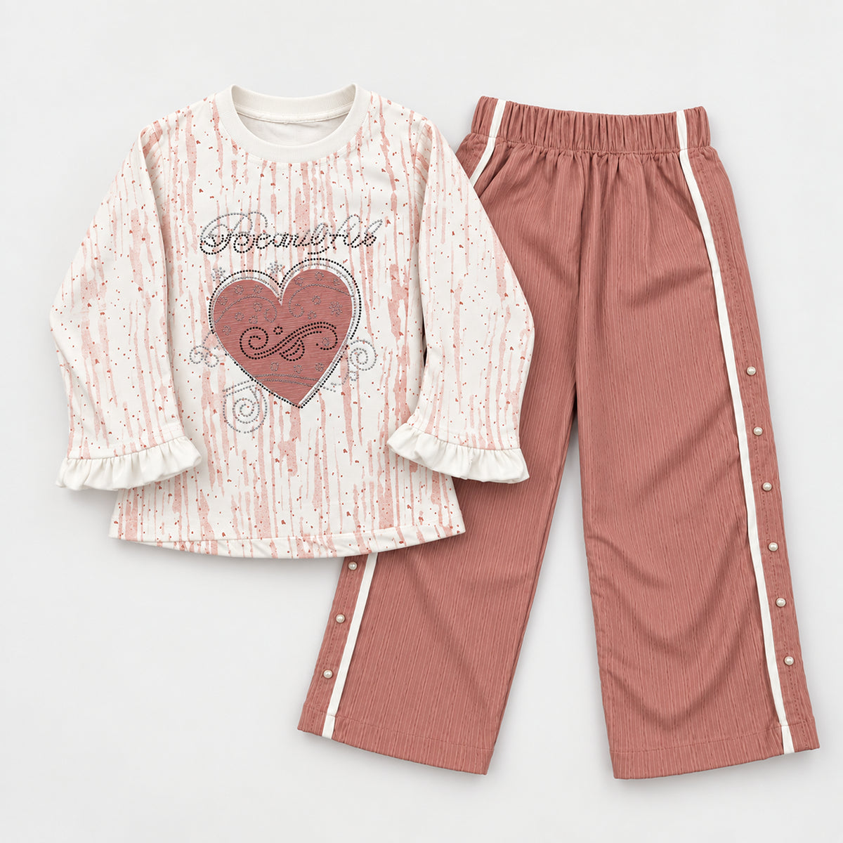 Girls’ Ivory Heart Top & Rose Wide-Leg Trouser Set