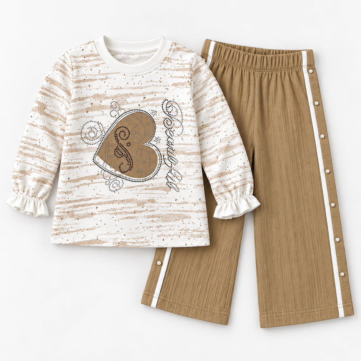 Girls’ Ivory Heart Top & Camel Wide-Leg Trouser Set