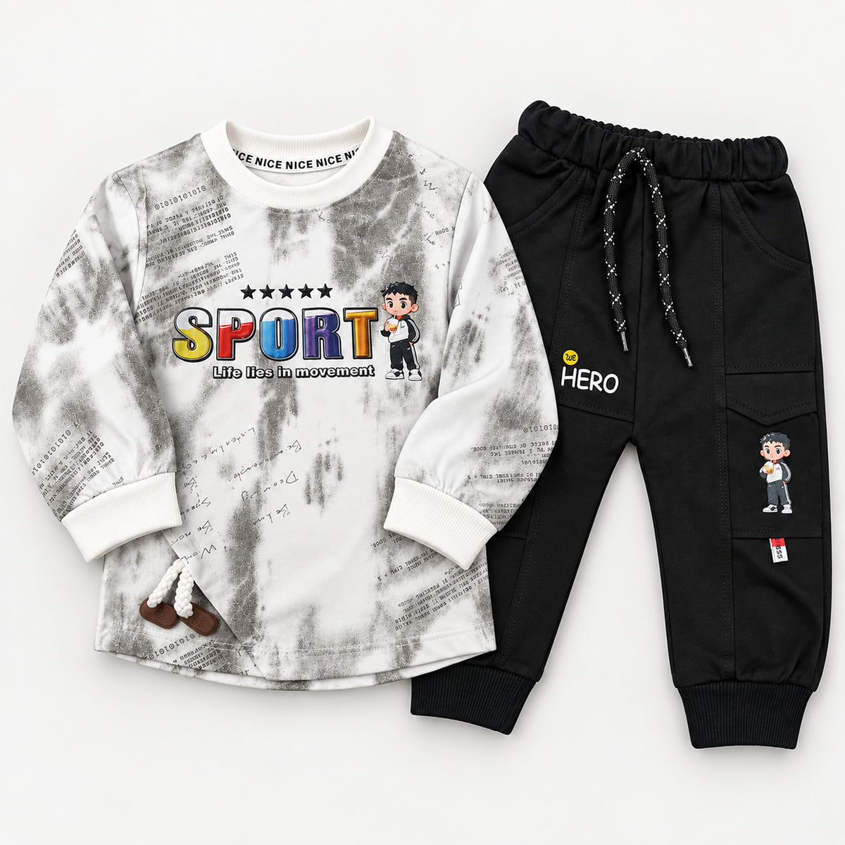 Boys’ White Sport Graphic Top & Black Cargo Joggers Set