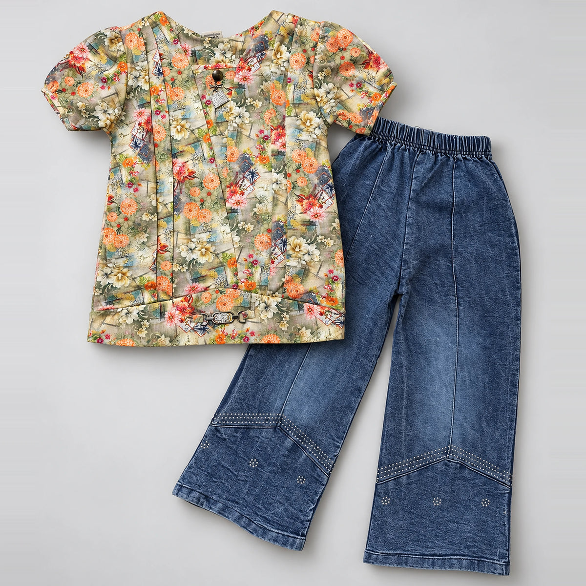 Girls’ Multicolor Floral Tunic Top & Blue Wide-Leg Pants Set