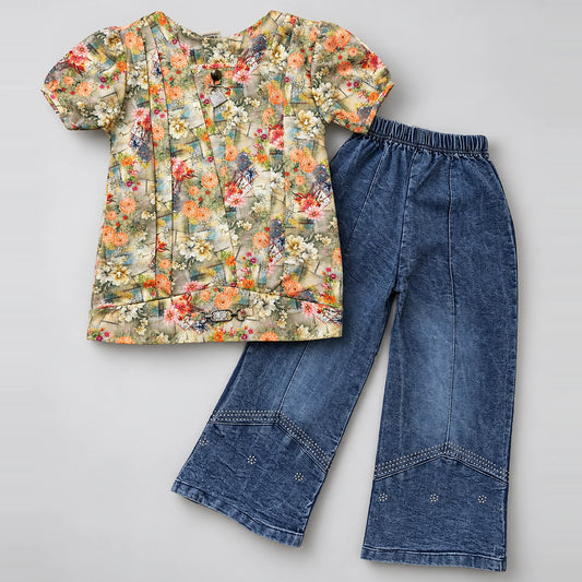 Girls’ Multicolor Floral Tunic Top & Blue Wide-Leg Pants Set