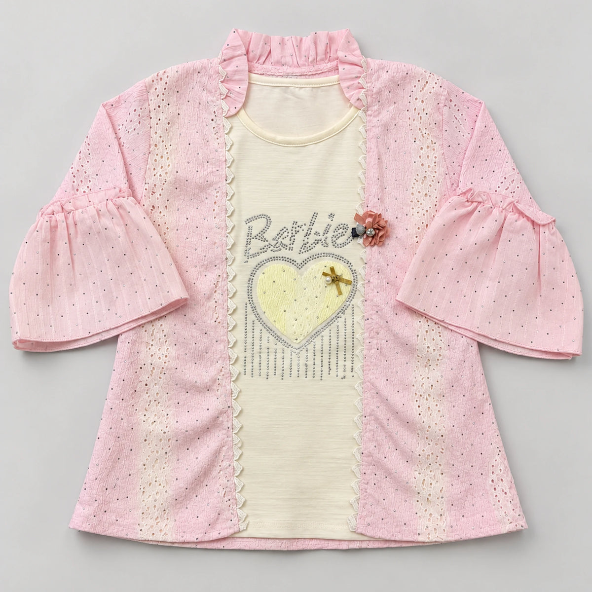 Girls’ Pink Double-Layer Heart Top & Ruffle-Hem Flared Trouser Set