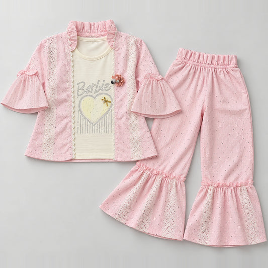 Girls’ Pink Double-Layer Heart Top & Ruffle-Hem Flared Trouser Set