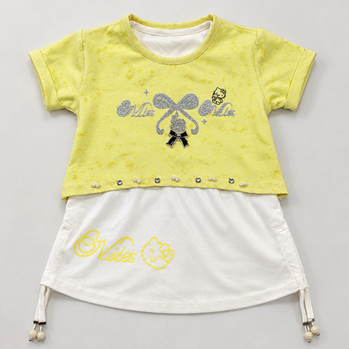 Girls’ Yellow Double-Layer Bow Graphic Top & Wide-Leg Trouser Set