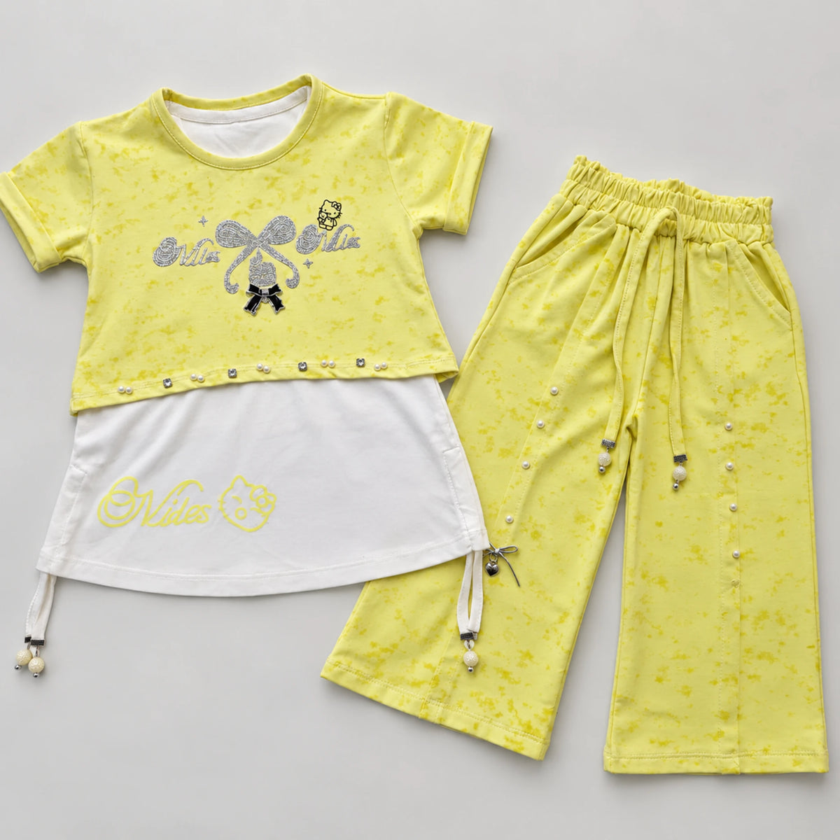Girls’ Yellow Double-Layer Bow Graphic Top & Wide-Leg Trouser Set